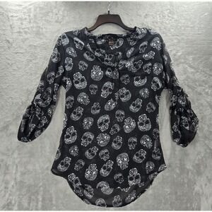 Rock 47 Women's XL Semi Sheer Skull Top Shirt Black White Goth Emo Halloween